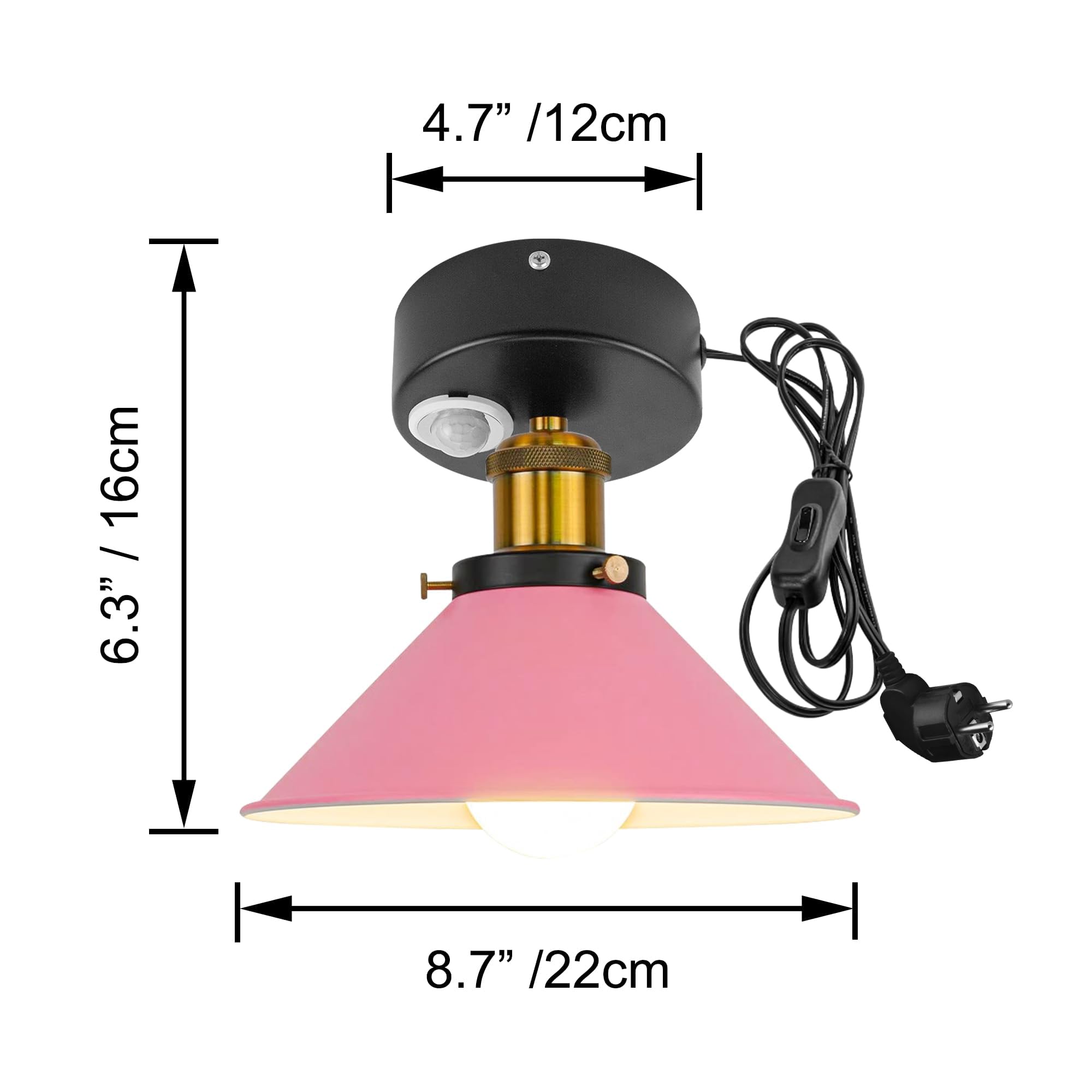 Plafoniera con sensore di movimento interno, in alluminio industriale, con sensore di movimento radar con cavo da 4,5 m e portalampada E27, per scale, garage, corridoio, bagno, rosa