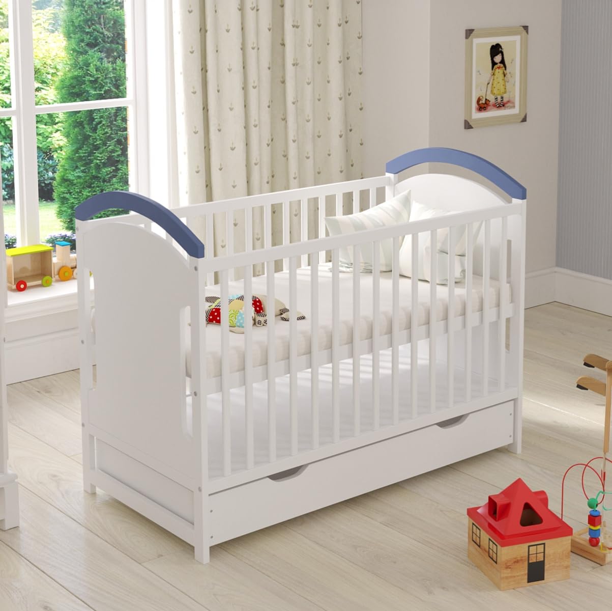 Love For Sleep Babybett Beistellbett 120x60cm mit Sicherheitsbarriere Umwandelbar Blue AMIE Kinderbett Baby Bett Holz - Kinderbett Babybett, Mitwachsend Gitterbett Baby Bed
