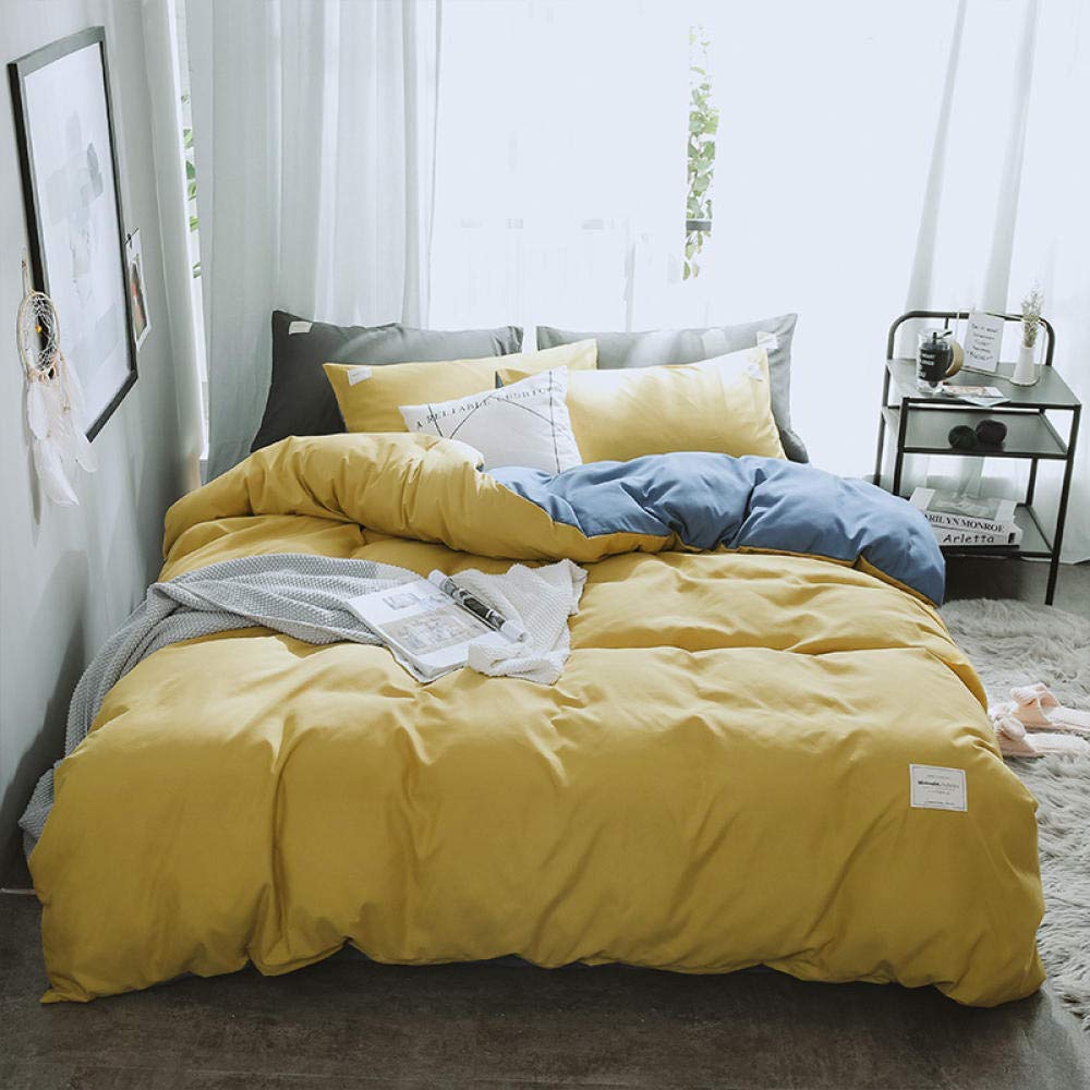 Bedsheets 3-Piece Bedding Set Four-Piece Bed Three-Piece Bed Bedding Bed Cover Three-Piece Pure Color Brushed Four-Piece Pure Cotton Duvet Cover Bedding Home Textiles-Turmeric + Blue_Four-Piece Bed Sh