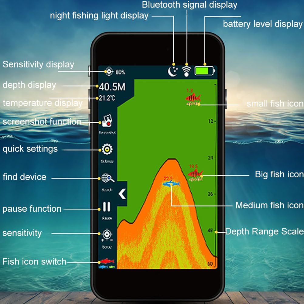 Ecoscandaglio portatile per pesci, ecoscandaglio wireless Bluetooth da 164 piedi, facile da lanciare con compatibilità con app gratuita, durata della batteria di oltre 20 ore, per kayak, barca, banchi