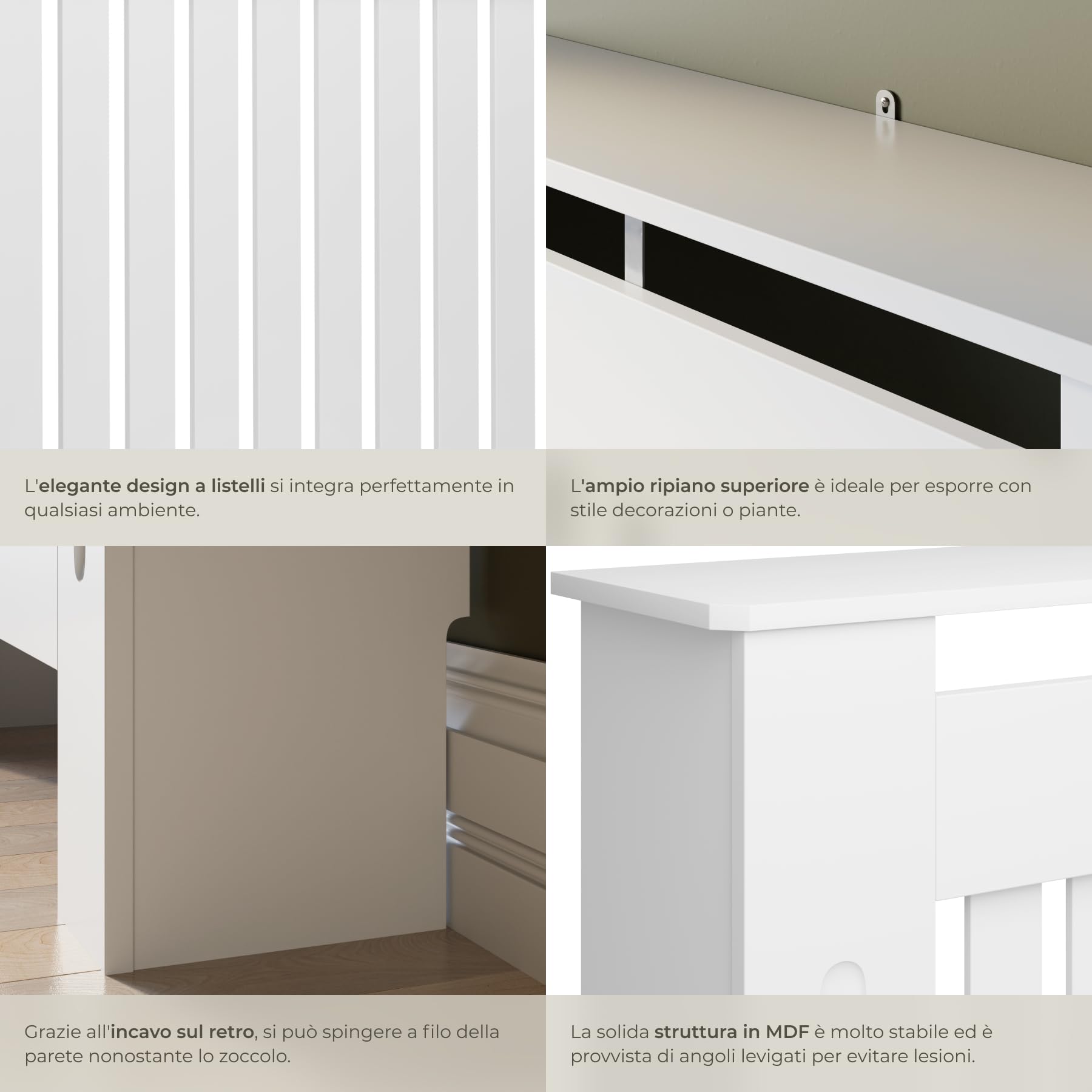 tectake® Copri Termosifoni con Ripiano, Copricalorifero Design a Lamelle, Copritermosifoni con Aperture per Circolazione Aria, Copertura Radiatori con Mensola da Termosifone, 172,3x19x82 cm- Bianco