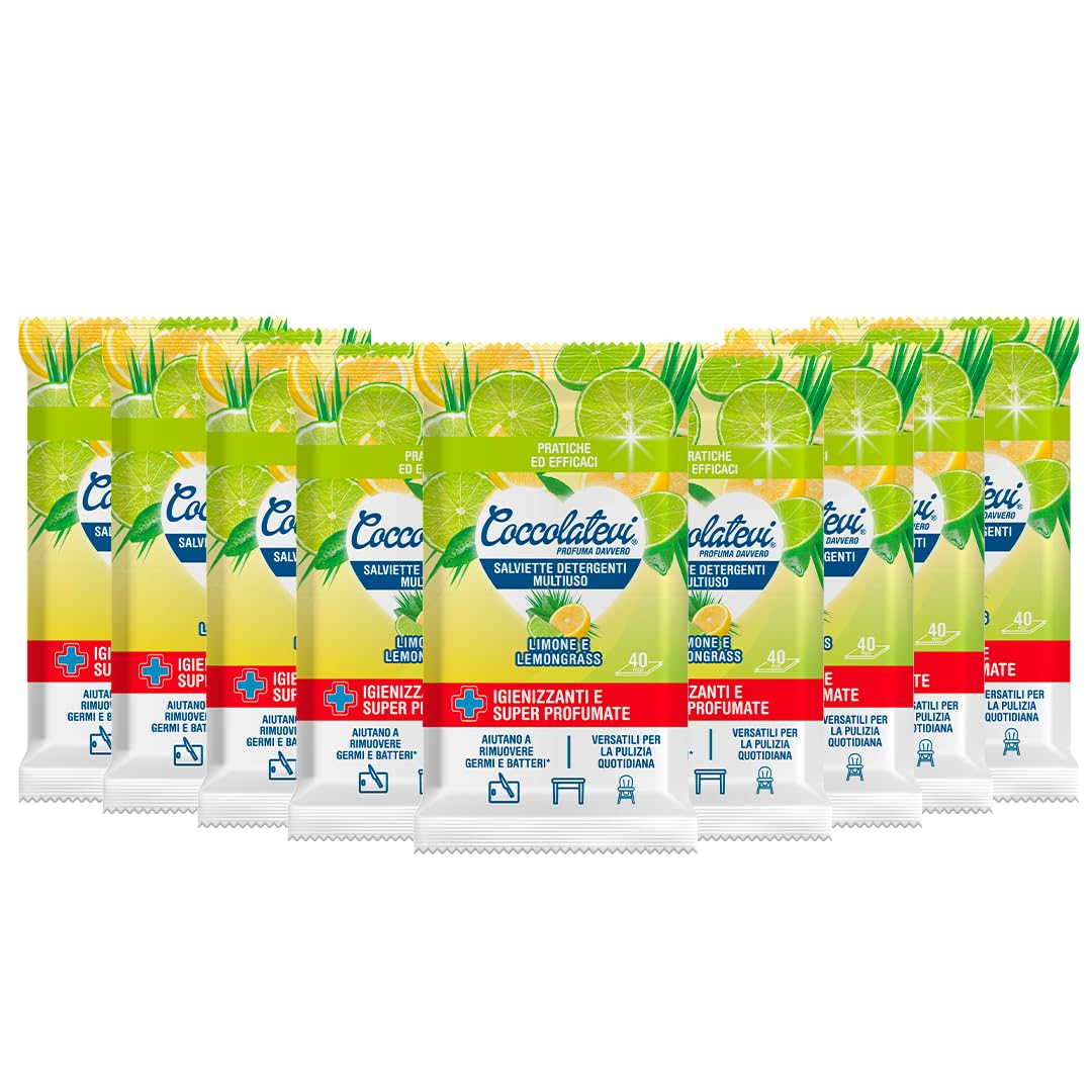 Coccolatevi Salviette Detergenti Multiuso Limone e Lemongrass 9 Confezioni x 40 Pezzi, Igienizzanti con Alcool, Pulizia Superfici Senza Risciacquo, Profumo Intenso e Lunga Durata