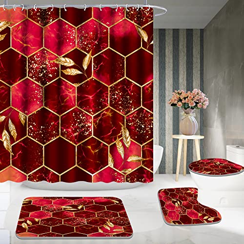 Poedist 4 Pcs Bathroom Shower Curtain Set,Red Honeycomb Marble Bathroom Sets With Rugs(Bath Mat,U Shape And Toilet Lid Cover Mat) And 12 Durable Hooks #TOP5