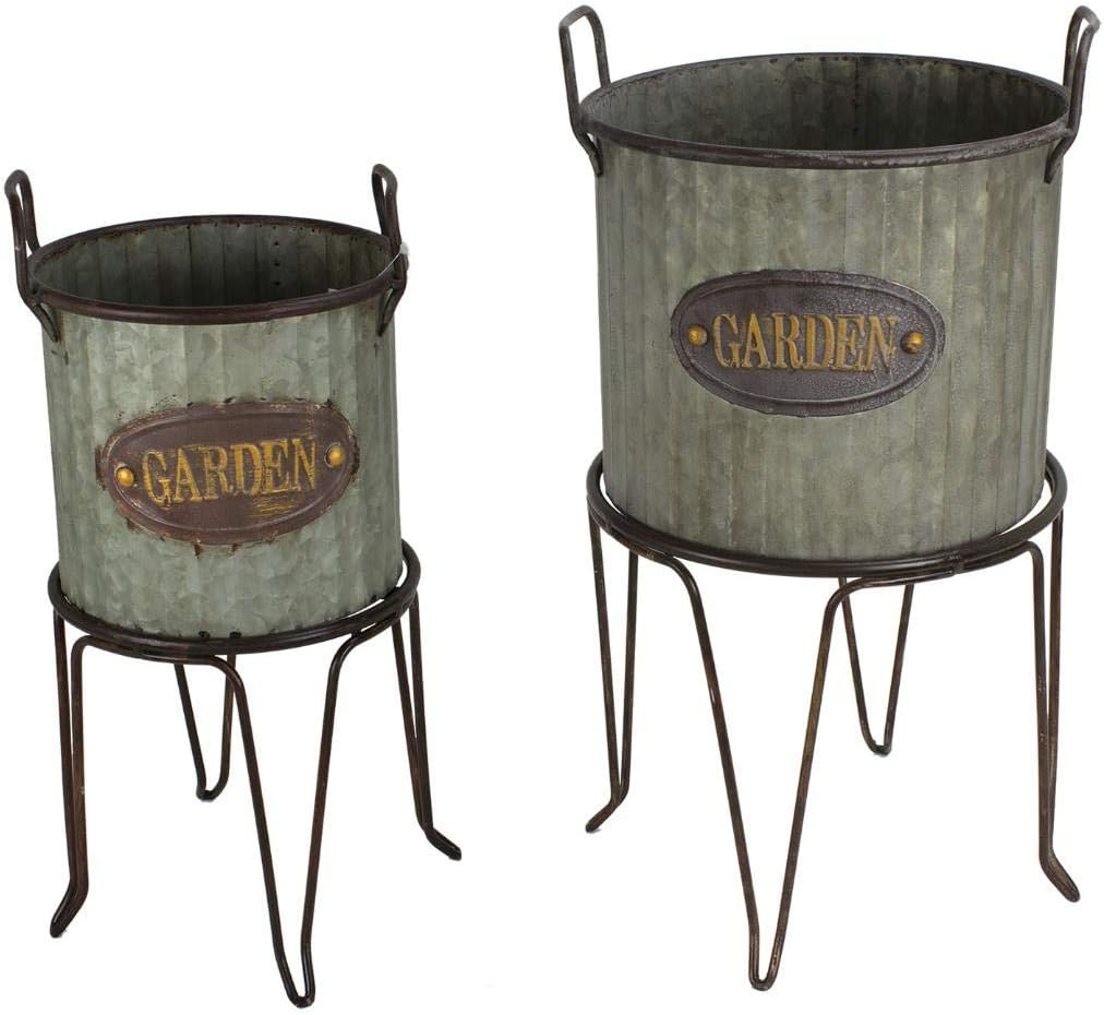 Rustic Round Galvanized Ribbed Metal 2 Piece Garden Planter and Stand Set
