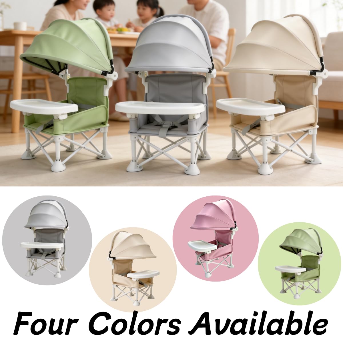 Siège de voyage pliable pour bébé avec position assise surélevée, chaise d'alimentation pour enfants, tout-petits et nourrissons avec plateau amovible et parasol amovible (crème)