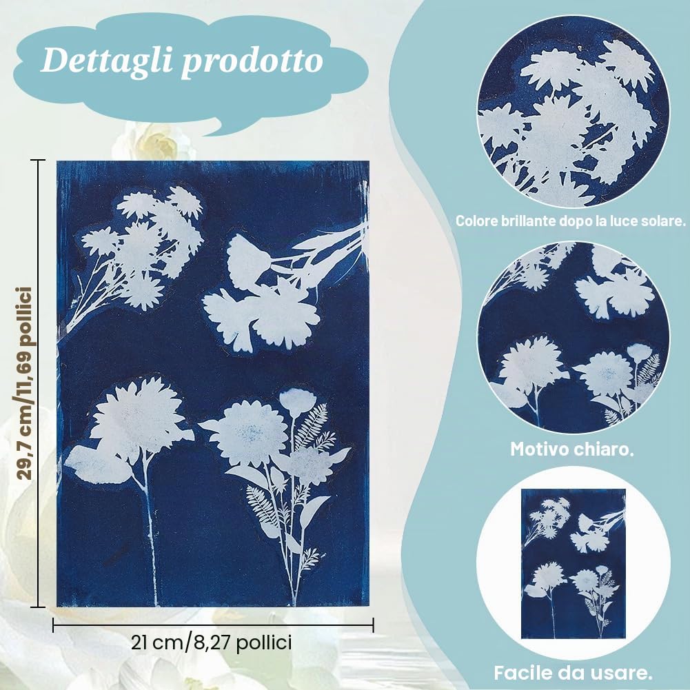 WEBEEDY 30 fogli A4 cianotipo Sun Print Paper Kit – Girasole, margherita, natura carta da stampa per fai da te