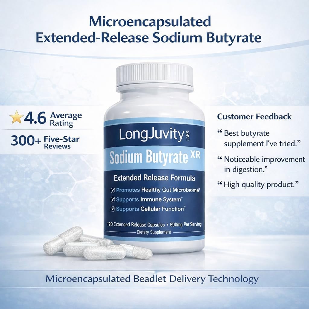 LongJuvity Sodium Butyrate Supplement (300mg) – Optimal Gut Health for Men & Women – Digestion Support & Leaky Gut Repair – Postbiotic Short Chain Fatty Acid, Lab Tested (120 Extended Release Caps)