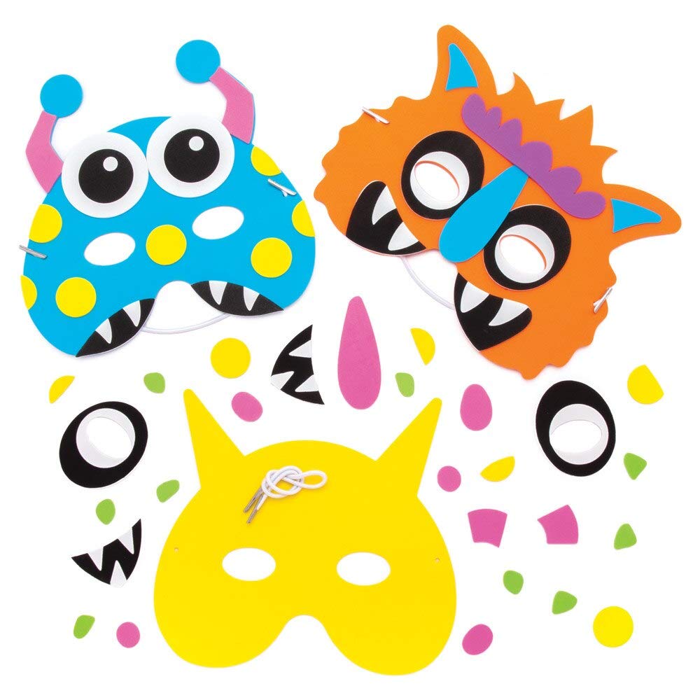 Baker Ross AW777 Halloween Mask Kits - Pack of 4, Monster Bunch Foam Mask Craft for Kids to Dress up and Play this Trick Or Treat Season