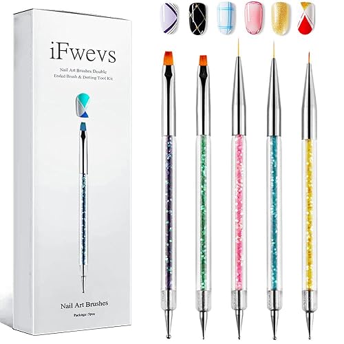 iFwevs Nail Art Brushes,5pcs Double Ended Brush & Dotting Tool Kit,Including Nail Liner Brush and Nail Dotting Pens for Nail Art Nail Salon