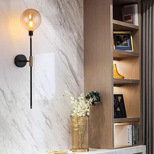 Miniatura 2 de Aplique de pared moderno de mediados de siglo, dorado y negro, lámpara de pared vintage con bola de vidrio ámbar, gris humo, lámpara de noche lineal