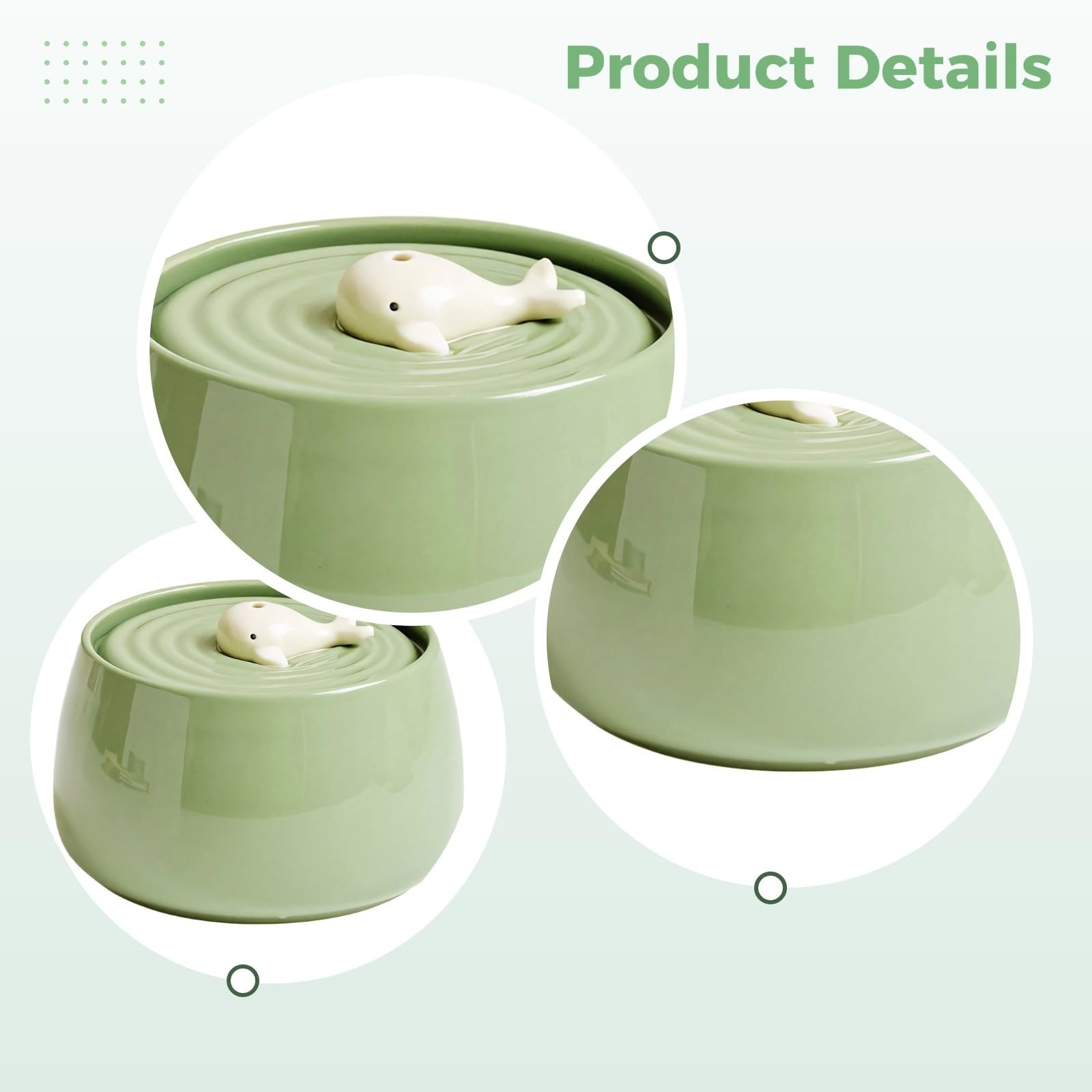 Fuente de agua de cerámica para gatos, dispensador de agua para mascotas de 45 onzas con cartucho de purificación doble, cuenco automático silencioso, bonito diseño de ballena para gatos