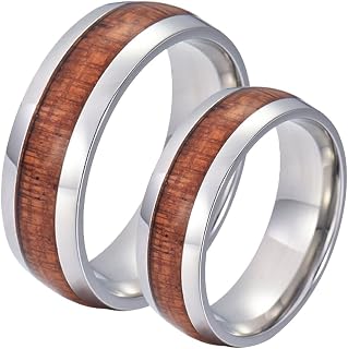 Anillos Pareja,Anillos Pareja Grabados Anillos Pareja Acero Inoxidable Compromiso 8MM Anillo Plata Marrón con Grano de Madera Anillo Boda Pareja