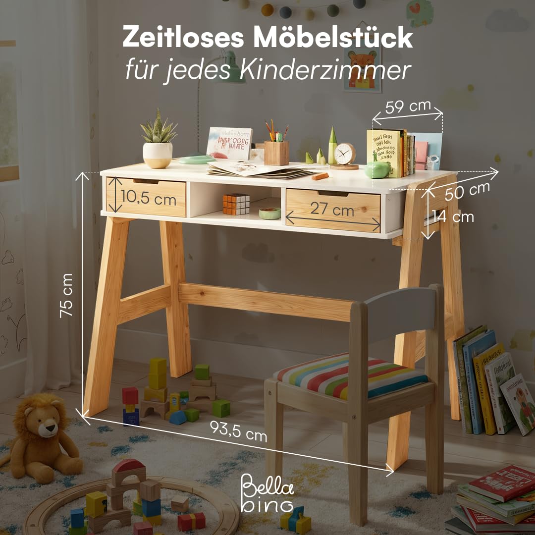 Bellabino Campo Kinderschreibtisch höhenverstellbar 56-75 cm – Schreibtisch Kinder ab 6 Jahren mit 2 Schubladen – Schülerschreibtisch mit viel Stauraum aus Massivholz Kiefer in Weiß