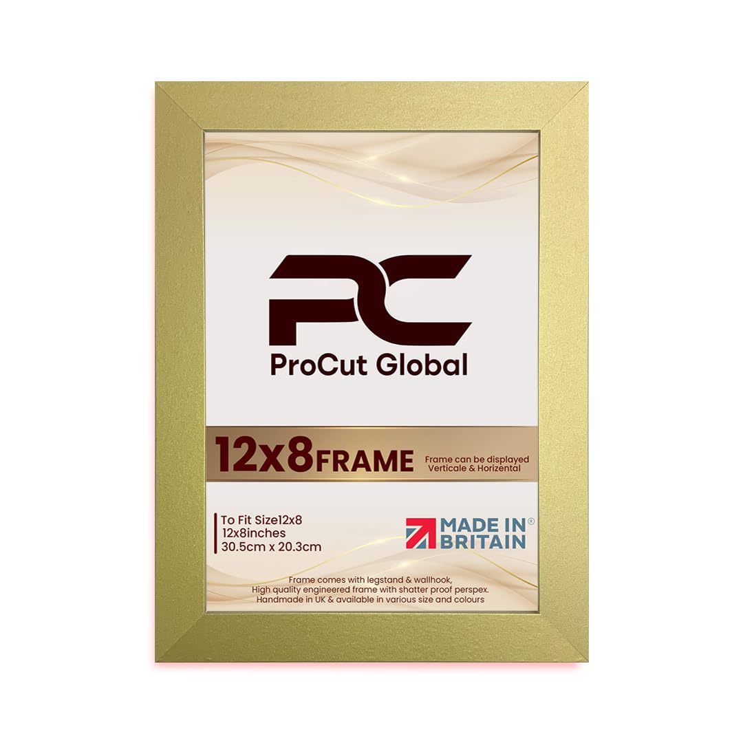 Procut Global 12X8 Gold Picture Frames - Modern Wooden Photo Frame with Shatterproof Perspex for Wall or Tabletop - Perfect for Posters, Certificates, Prints - Sizes & Colors Available