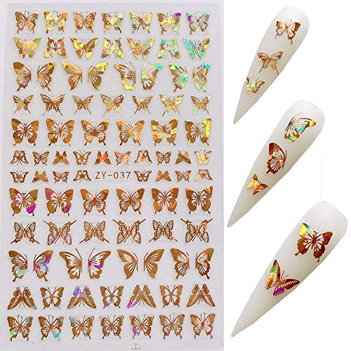 Butterfly Nail Art Stickers Decals Laser Butterfly Nail Designs 3D Gold Silver Butterflies Nail Art Adhesive Sticker Sheets Nail Foil Luxury Butterfly Nail Stickers For Nail Art Decoration (8 Pcs) #TOP3