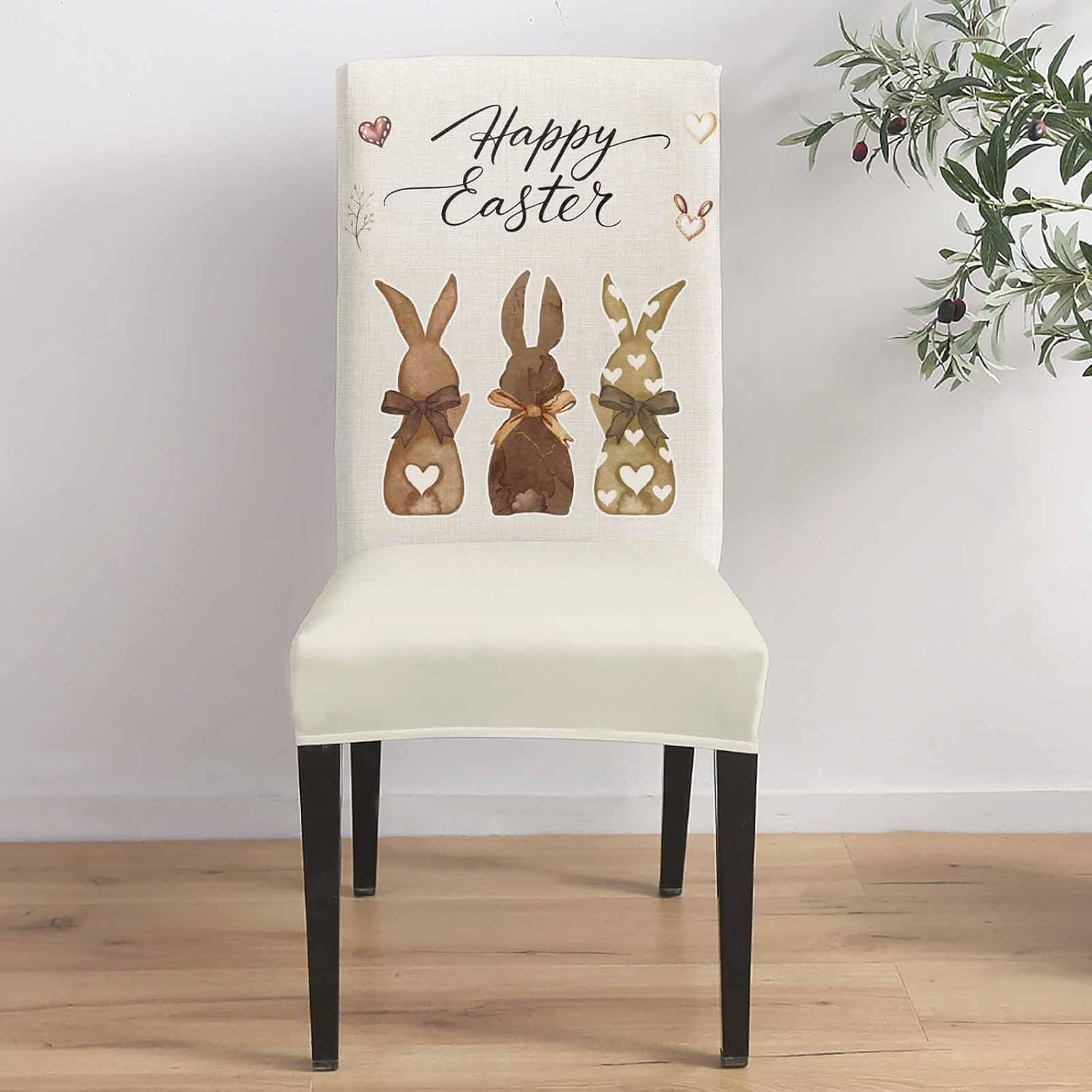 Happy Easter Stretch Chair Cover Dining Room Set of 4, Easter Brown Bunny Retro Bowknot Loves Linen Removable Kitchen Chair Covers Soft Washable Chair Seat Protector Fitted Elastic Bottom for Office