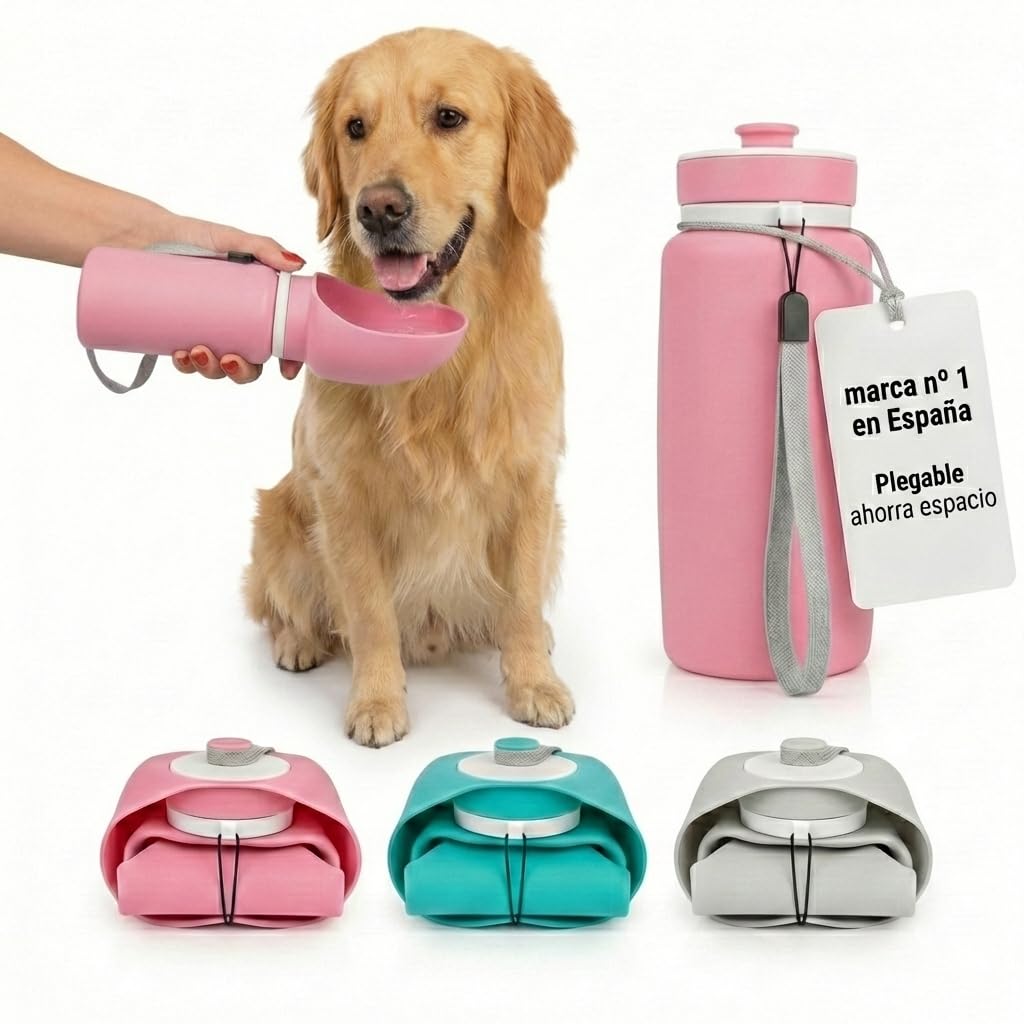 JARUKI® Bebedero Perro Antigoteo Plegable Silicona 550 ml | Botella Agua Perro Higiénica y Fácil de Limpiar | Accesorios Perros para Viaje y Paseos | Mantiene Agua Limpia | Botella Resistente (Rosa)