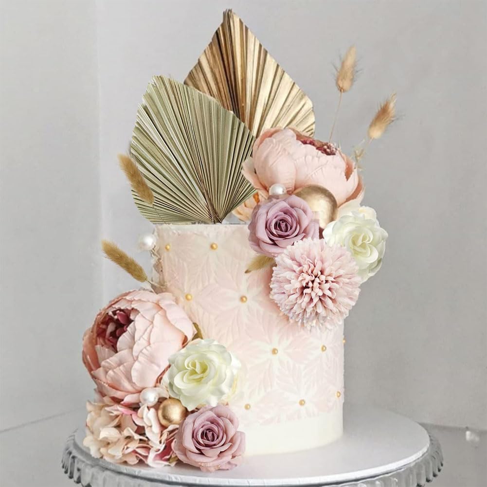 Décorations Gâteau Style Bohème - Fleurs, Perles Dorées Et Blanches - Pour Mariage, Anniversaire, Fête - 9