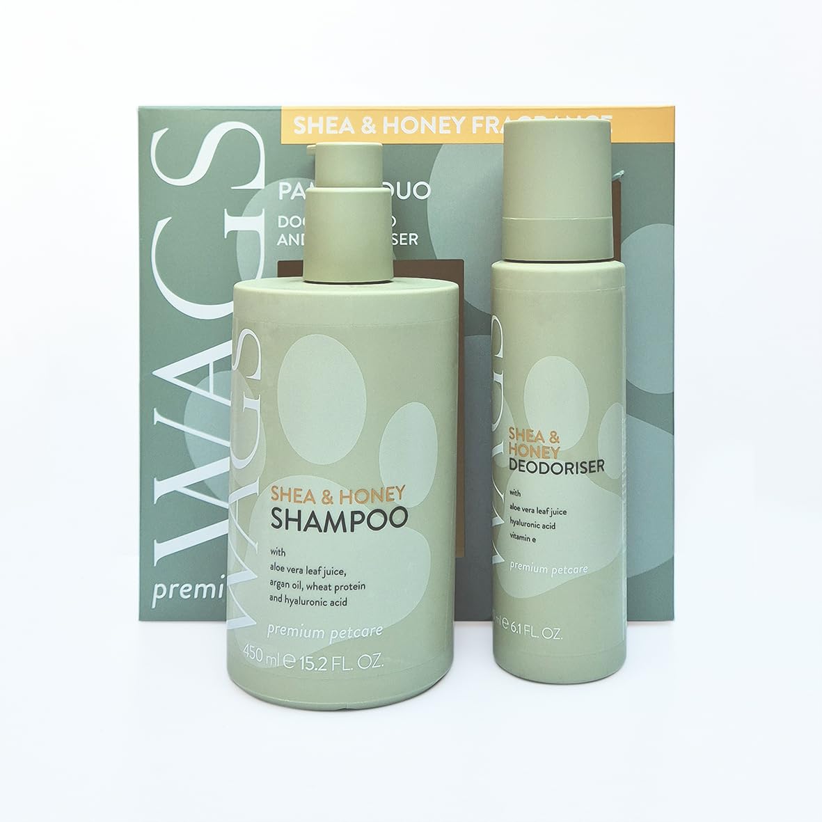 WAGS Premium Pet Care Shea & Honey Pamper Duo, Dog Shampoo and Deodoriser Set with Aloe Vera, Hyaluronic Acid, 450ml Shampoo and 180ml Deodoriser, Made in UK