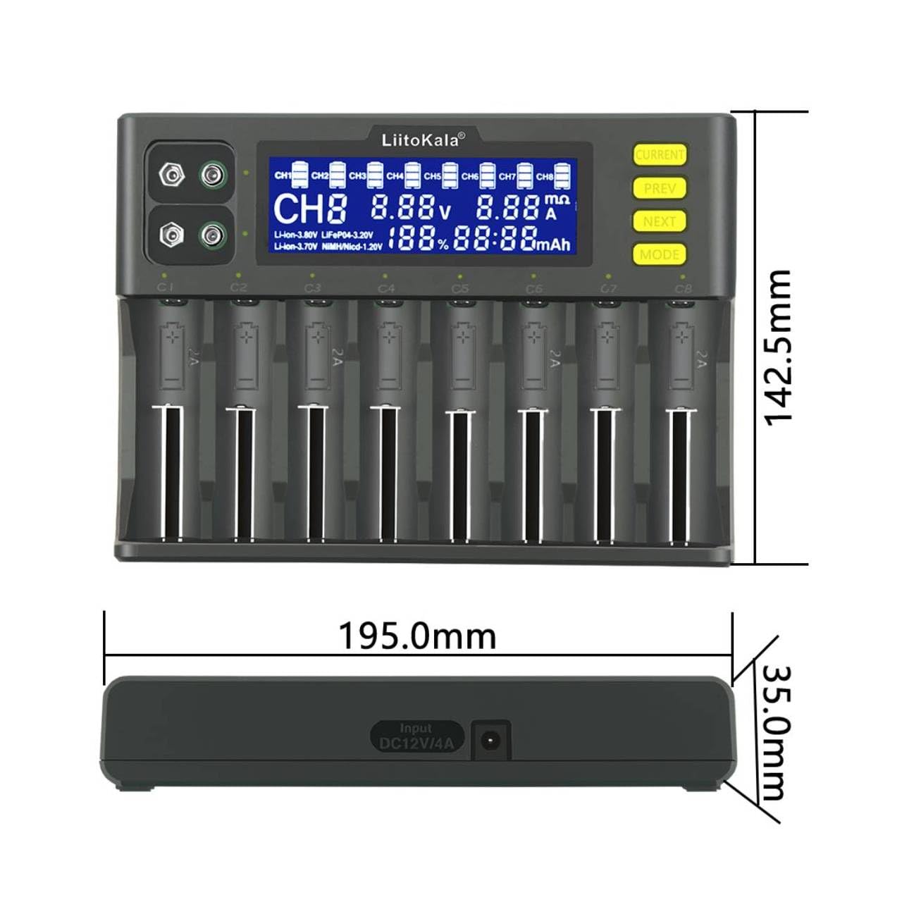 Chargeur de Batterie 18650, LiitoKala LII-S8 Chargeur de Batterie 9V avec écran LCD, Chargeur Batterie pour Li-ION LiFePO4 Ni-MH Ni-CD AA AAA C 21700 26650 13650 16340 18700 RCR123, 8 Baies