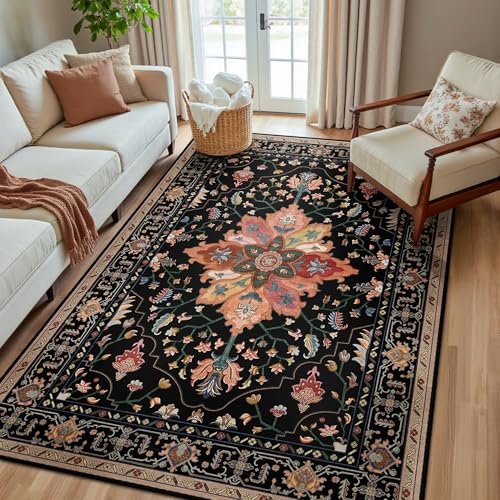 RELEANY Washable Area Rug, 5'x8', Black/Colorful