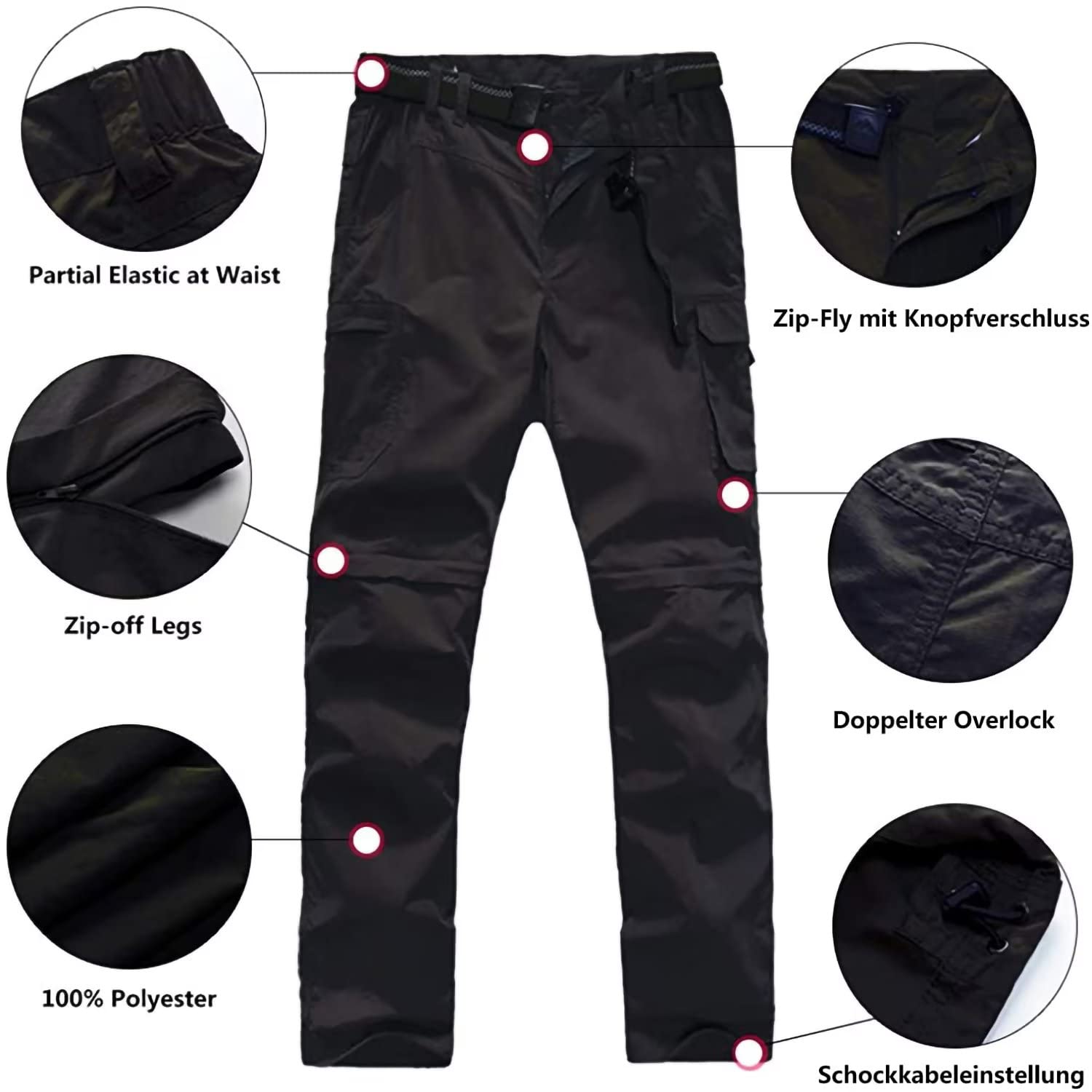 FLYGAGA Hommes Outdoor Pantalon de randonnée Pantalon Zip Off Jambes de Pantalon Amovibles Short d'été avec Ceinture Léger Séchage Rapide Respirant Pantalon Fonctionnel Pantalon de Trekking Cargo