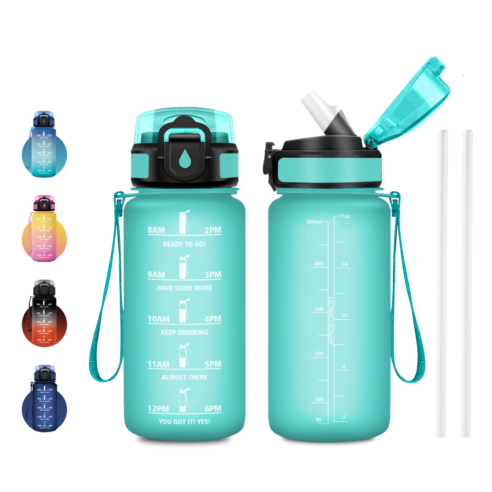 JAPORIA 500ml Water Bottle Reusable Motivational with Time Marker, Leak-Proof with Straw BPA-Free Office Camping