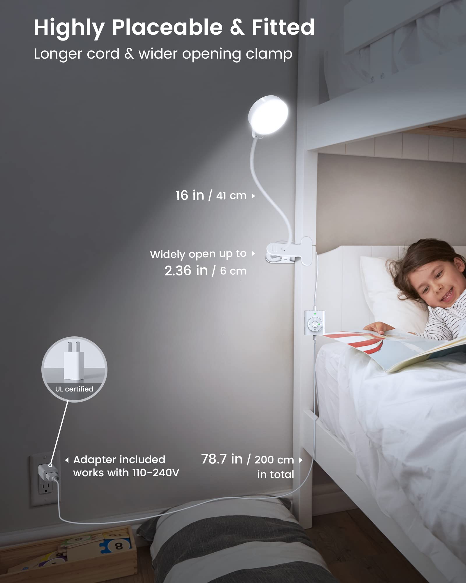 Glocusent Lampka do czytania o mocy 5 W, 36 diod LED, lampka zaciskowa, przyjazna dla oczu lampka do czytania, zacisk, 3 kolory i 5 poziomów jasności, przypinana lampka zaciskowa LED z łabędzią szyją