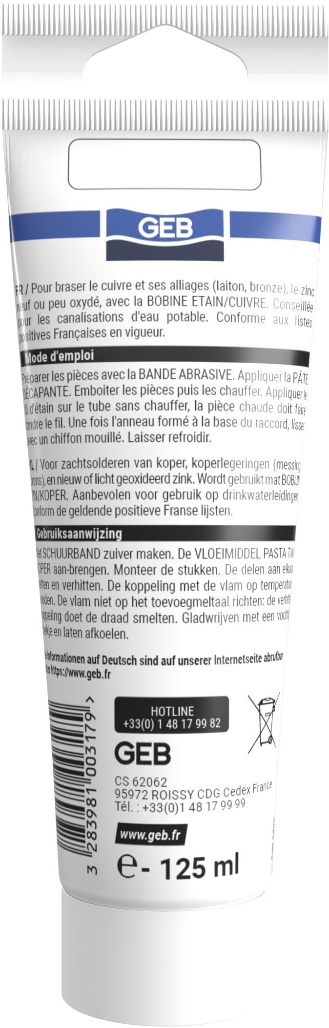 Pâte décapante étain cuivre tube 125 ml brasage tendre GEB
