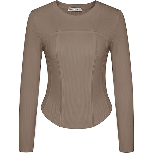 GRACE KARIN Women Long Sleeve Crew Neck Shirts Crop Tops Fall Fashion Knit Slim Fitted Corset Tee