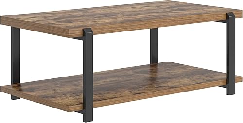 Miniatura 9 de FOLUBAN Mesa de centro moderna, mesa central de madera rústica con almacenamiento para sala de estar, rectangular industrial de 2 niveles, mesa de