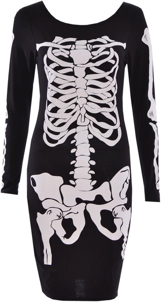 BLISSRETAIL Ladies Women Halloween Skeleton Skull Bones Print Stretch Bodycon Tunic Dress Strap Top Vest Bodysuit