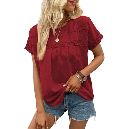 Poetsky Womens Summer Short Sleeve Lace Crochet Blouses Flowy Babydoll Dressy Casual Work Tops