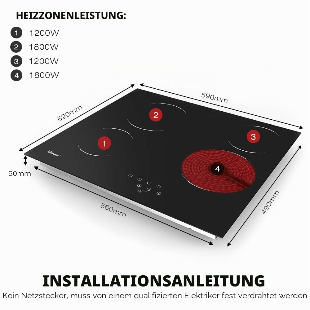 Glaskeramikkochfeld Elektrischer Kochfeldbrenner aus Keramik 60cm, Eingebauter Schwarzer Glaskocher mit 4 Kochzonen GCE460TC