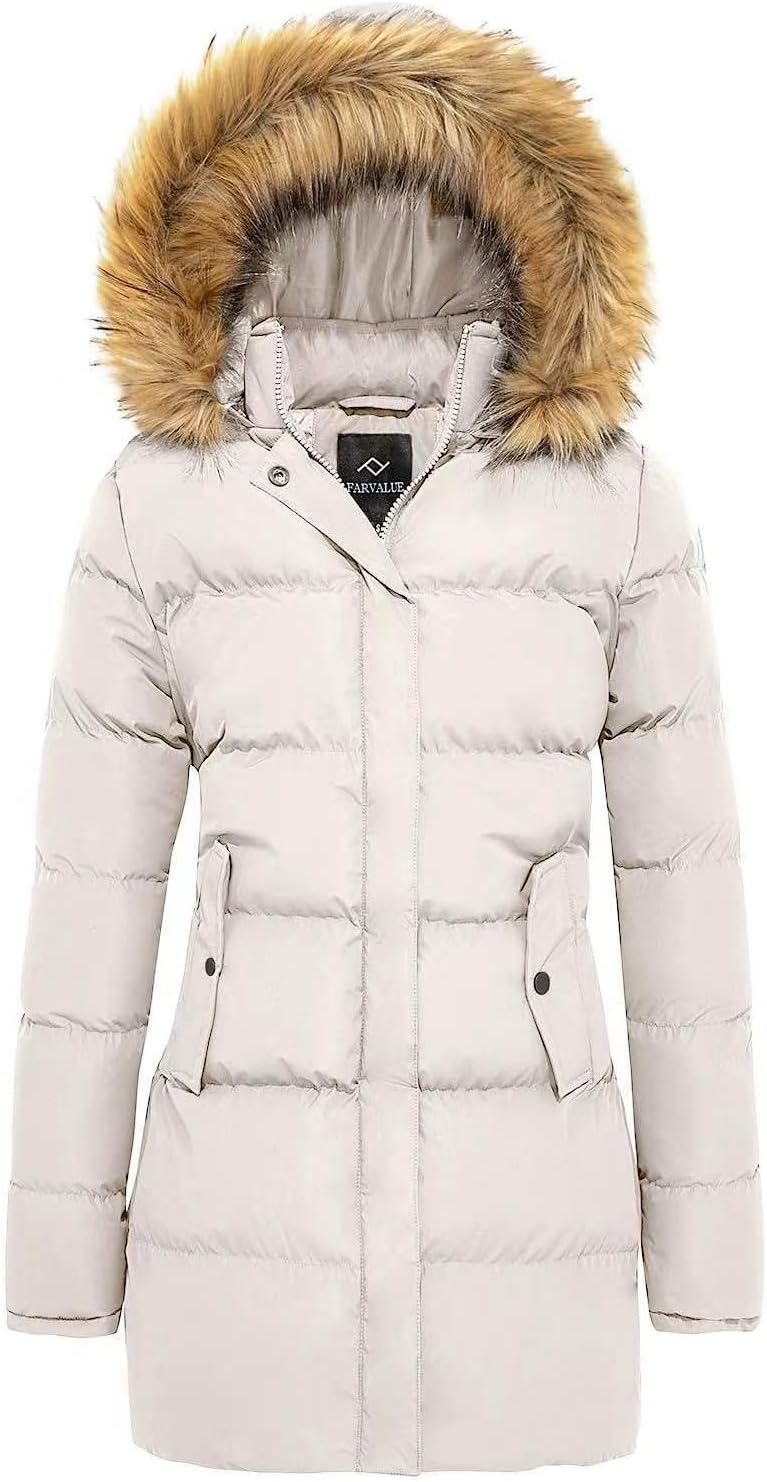 FARVALUE Women's Winter Coat Warm Parka Jacket Puffer Quilted Thicken Hooded Outerwear with Fur Trim