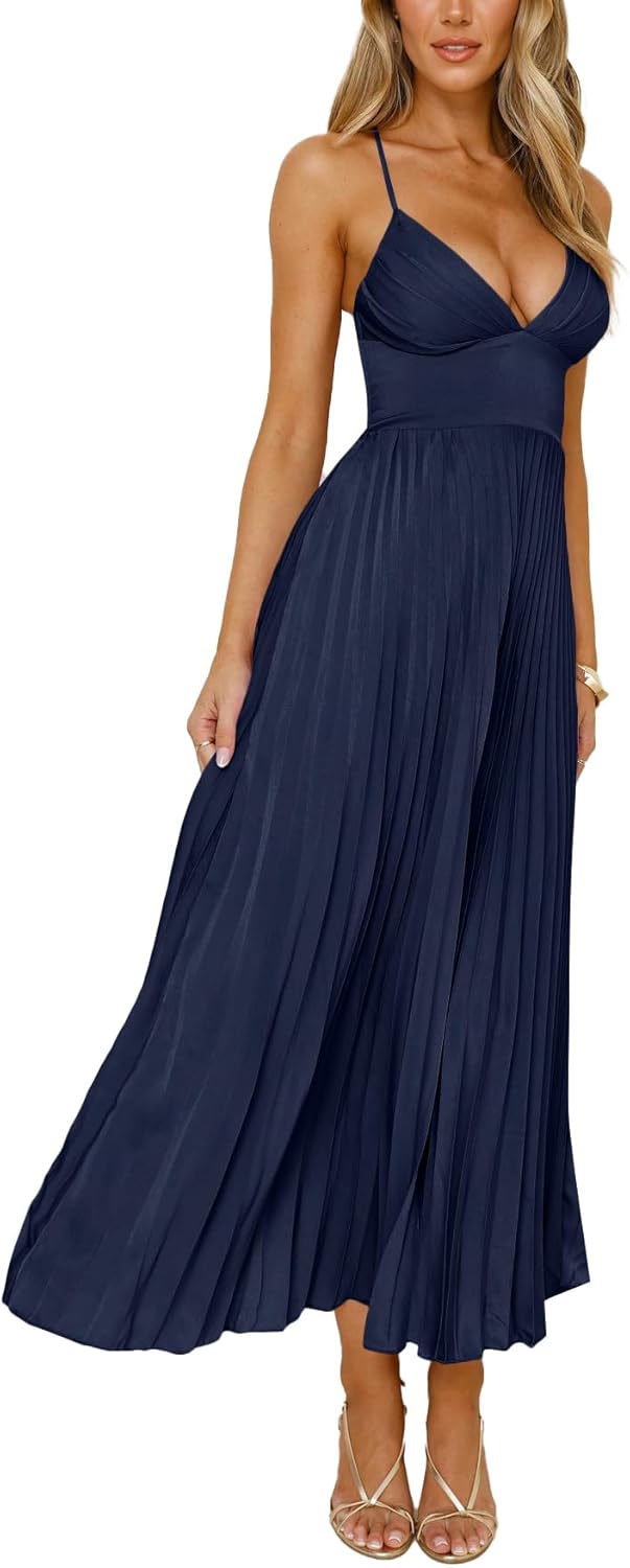 Women's Pleated Satin Bridesmaid Dresses V-Neck Crisscross Back Prom Dress Long Formal Party Dress - Image 4