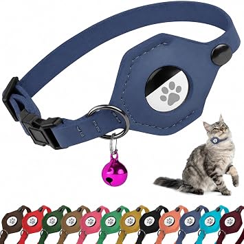 Breakaway Cat Collar with Airtag Holder and Removable Bell - Leather Soft Small Pet Collar Compatible with Air Tag - Adjustable GPS Collars for Girl Boy Cats Kitten Puppy Blue