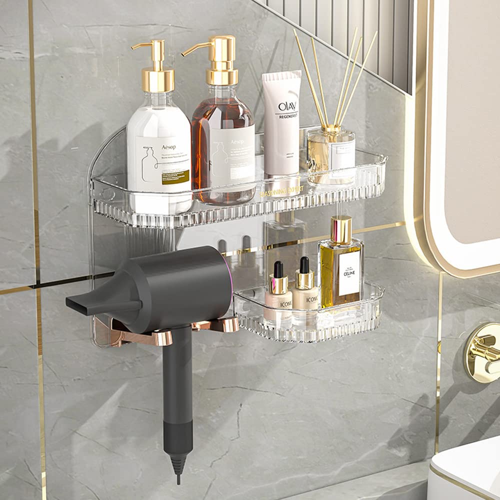 Hosoncovy Hair Dryer Wall Mount Holder Hair Dryer Wall Hanger Bathroom Toiletries Wall Storage Shelf,Universal for Hair Dryer (Transparent)