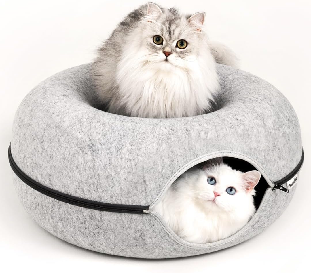 Peekaboo Cat Cave, Multifunctional Donut Tunnel Bed for Cats, Round Felt Cat Bed with Premium Zipper, Detachable Pet Hideout for Medium Large Cats up to 24 Lbs (24x24x11 Inch)