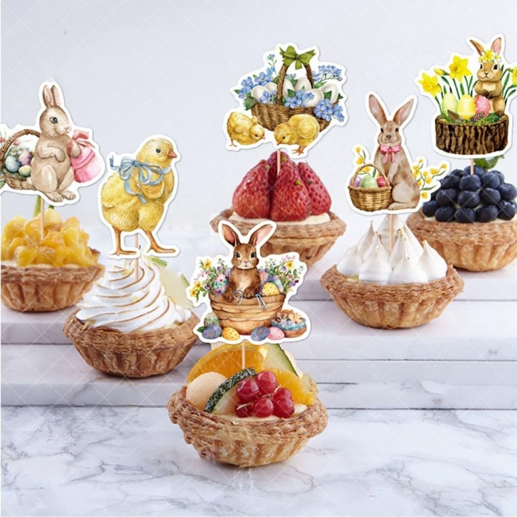 8Pcs Non Edible Cupcake Toppers Cute Easter Bunny Design Reusable Toothpicks Decorations for Holiday Birthday Parties