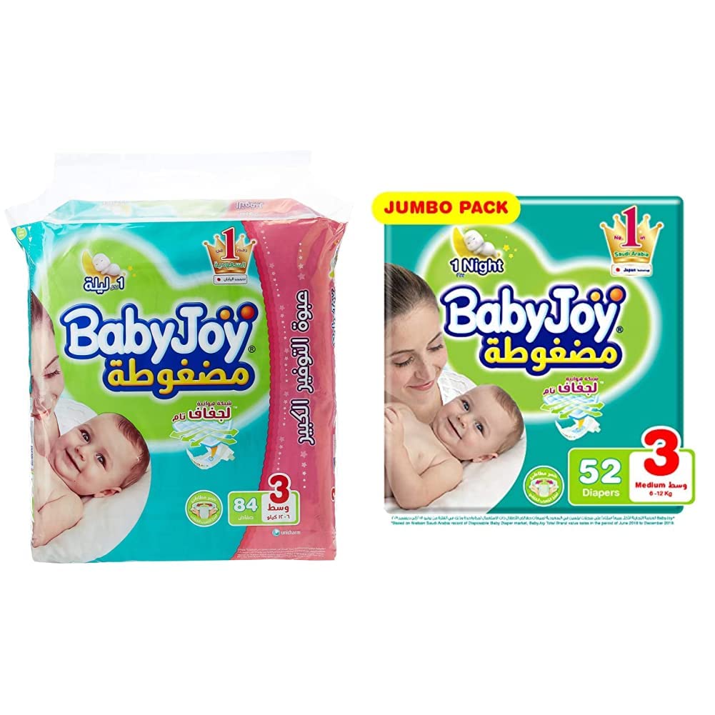 BabyJoyBaby Joy Diaper Size 3 Medium 6-12kg Giant Pack 84pcs & Compressed Diamond Pad Diaper, Jumbo Pack Medium Size 3, Count 52, 6-12 Kg