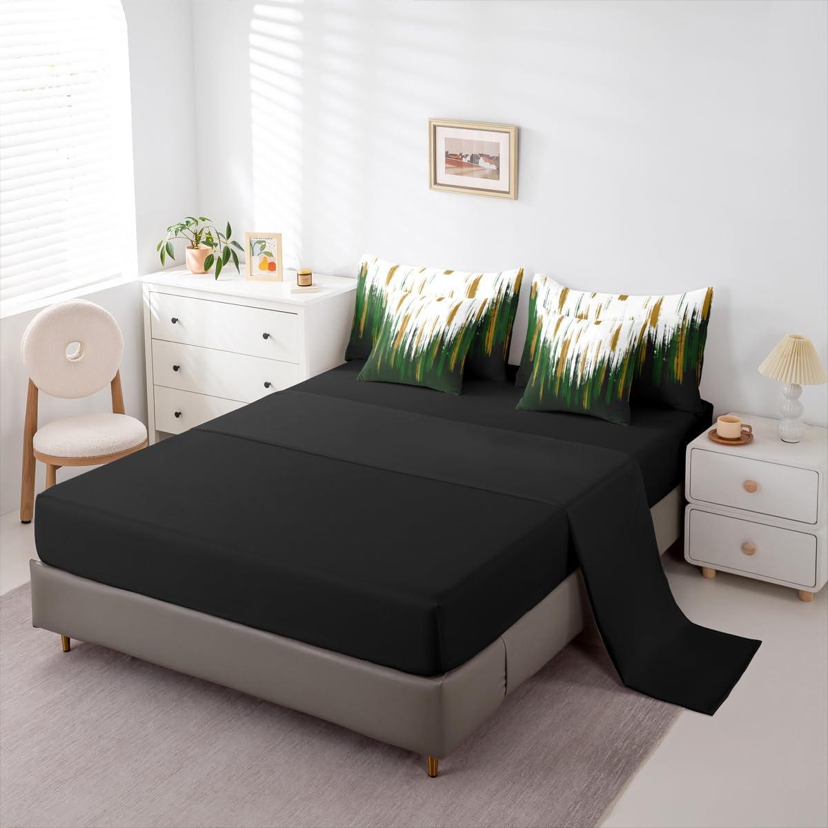 Erosebridal Dark Green Queen Comforter Set 7 Piece for Kids Adults,Modern Oil Painting Abstract Bedding Set Green White Yellow Brush Strokes Graffiti Art Bed in A Bag with Sheets Chic Vintage Bed Set
