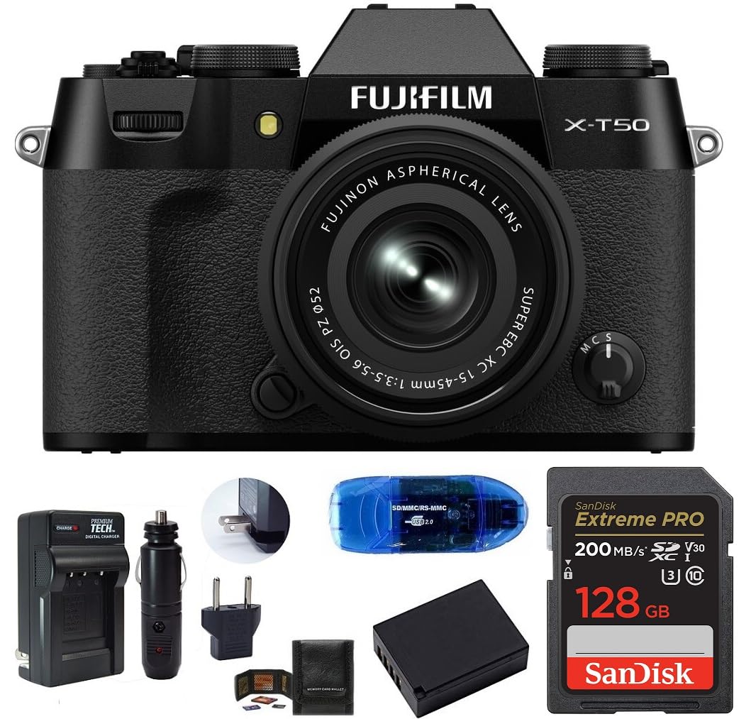 FUJIFILM X-T50 Mirrorless Camera with 15-45mm Lens (Black) Bundle, Includes: SanDisk 128GB Extreme PRO Memory Card, Spare Battery and More (6 Items)