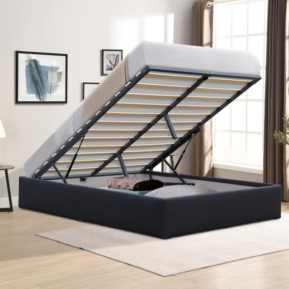 King of Dreams Solide Lit Coffre Noir + Pieds pour Matelas 140x190 cm - 12 Lattes - Loris - Montage Rapide et Facile - revetement PVC Simili Facile d'entretien