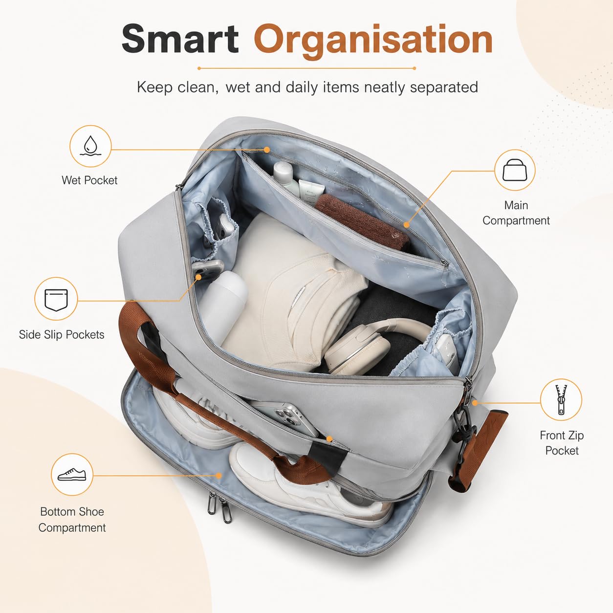 lafo Sac de Sport & Sac de Voyage pour Femmes et Hommes, Sac de Week-End Gym Bag, Sac de Natation étanche avec Compartiment à Chaussures & Compartiment Humide (Gris)