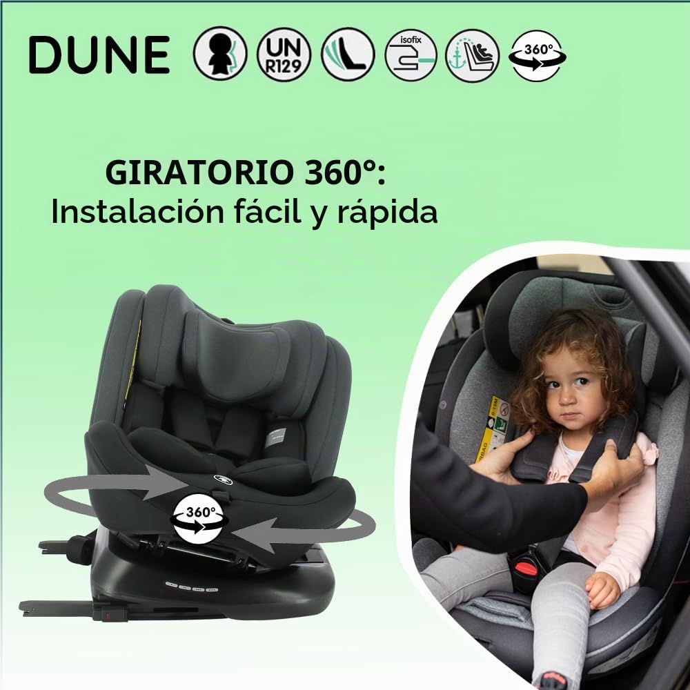 Nania Dune, Asiento de coche, i-Size, giratorio 360, escalable, nacimiento y hasta 12 años, grupo 0/1/2/3, 40-150 cm, asiento de coche ISOFIX, rotación 360, inclinable, reposacabezas ajustable