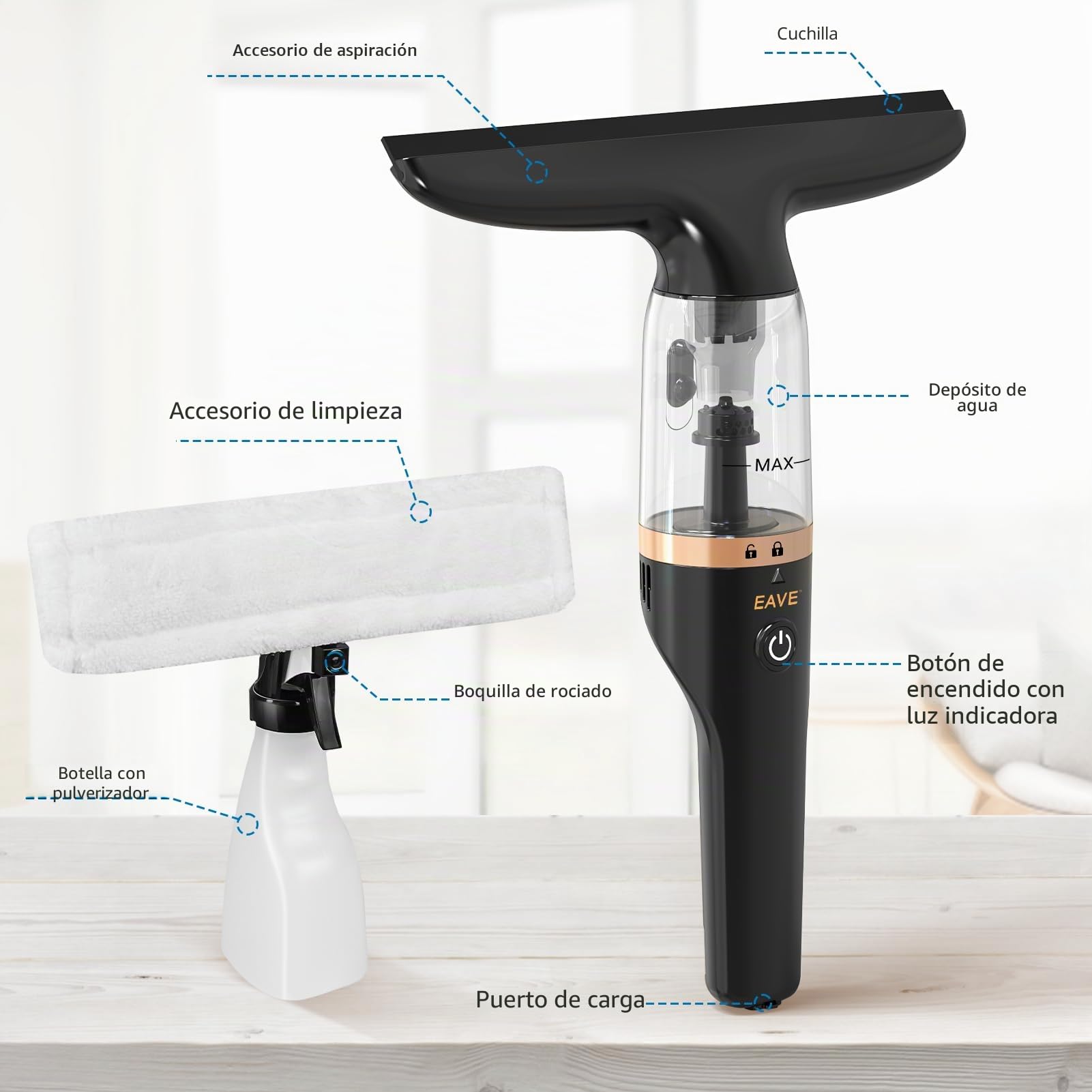 limpiacristales electrico Limpiador de Ventanas Aspirador recargable kit, Limpiador de ventanas con depósito de agua de 60 ml y botella rociadora