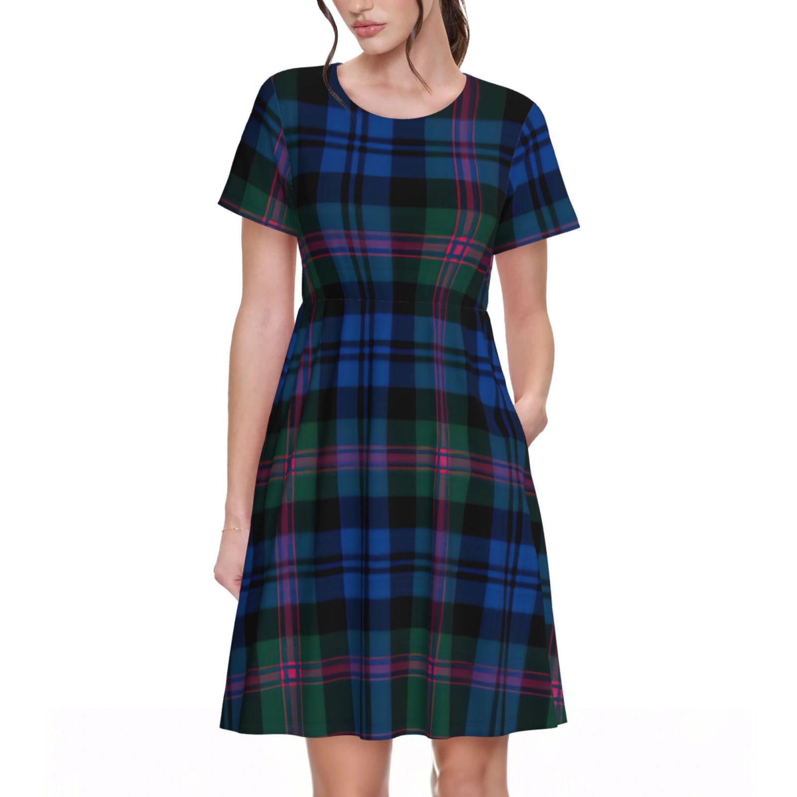 Okfsty Women's Black Blue And Green Scottish Tartan Summer Dress Casual Swing Short Sleeve Sundresses Beach A-Line Shift Dress With Pockets
