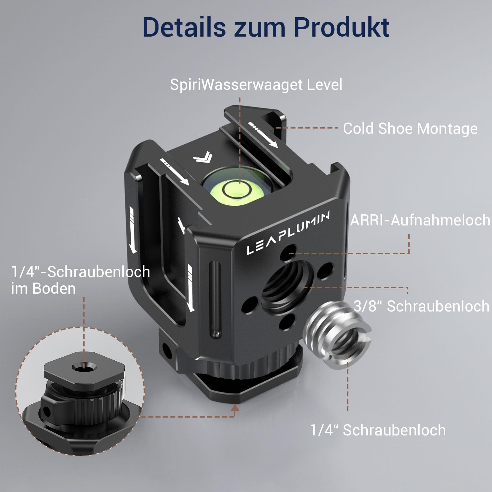 Cold Shoe Adapter, kaltschuhadapter mit 3/8''-Schraubenloch auf 1/4''-Schraubenloch, Aluminiumlegierung Hot Shoe Extension Bracke für DSLR Kamera Blitzlicht, Monitor, Mikrofon-Schwarz