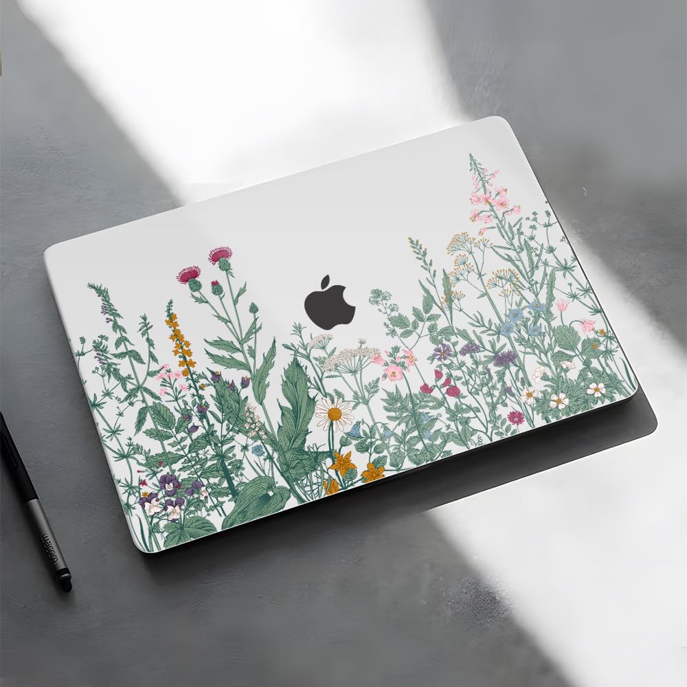 4 in 1 Custodia per Macbook Air M2 M3 M4 13,6 Pollici A2681 A3113 A3240, 2025 2024 2022 con Touch ID, Plastica Case Cover Rigida & Pellicola Tastiera & Proteggi Schermo, Piante da Fiore
